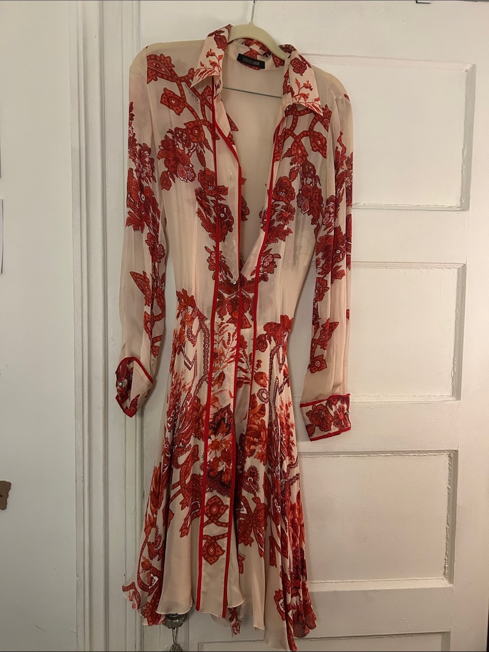 VINTAGE ROBERTO CAVALLI Sheer Floral Button-Front Shirt Dress in Cream and Red